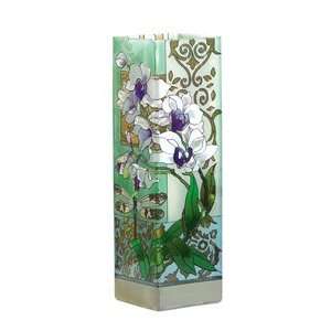    Orchids & Dragonfly Hand Painted Stained Glass Vase