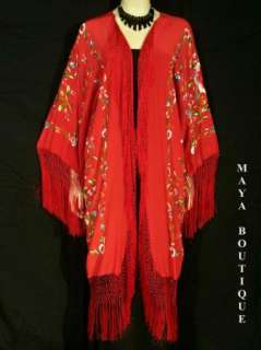 Embroidered Silk Fringe Jacket Opera Coat Kimono Maya Matazaro Red 