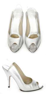 10112 auth GUCCI silver leather Slingbacks Shoes 38.5  