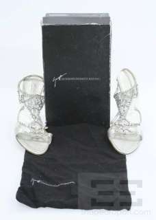 Giuseppe Zanotti Silver Embossed Leather And Crystal T Strap Heels 
