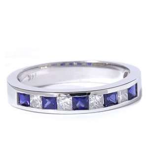 50CT CHANNEL SET PRINCESS CUT REAL DIAMOND & BLUE SAPPHIRE RING 14K 