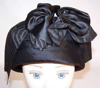 Edwardian Vintage Black Straw Silk Ribbon Bow Trim Toque Brimless Hat 