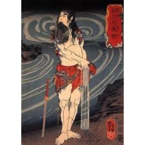   Japanese Art Utagawa Kuniyoshi Senkaji Chao wringing out hin loincloth