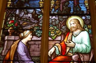 Fine Traditional Stained Glass Window of Jesus + Mary +100 yrs. old 