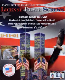 11 WORLD TRADE CENTER PATRIOTIC FLAG LICENSE PLATE PINS> PROUDLY 