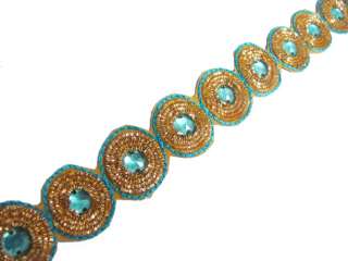 Yd Cut Work Bullion Light Cyan Gold Stone Ribbon Tim  