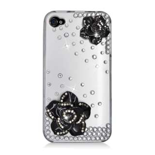 For Apple iPhone 4 4S Hard FULL DIAMOND 3D Snap on Case Silver Black 