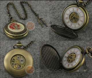 Classic Bronze Tone Antique Style Pocket Watch Mechanical Move +Chain 