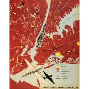 1945 Print New York Map World Airport Airlines Aviation Airplane 