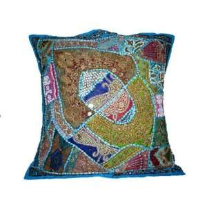  French Blue Decorative Beaded Sari Floor Pillows Cushion Cover 