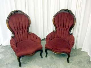 Pair of Vintage Victorian Style Chairs w Tufted Velvet Fabric in Dark 