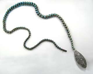 Long Antique 9ct Diamond & Turquoise Silver & Gold Snake Necklace 