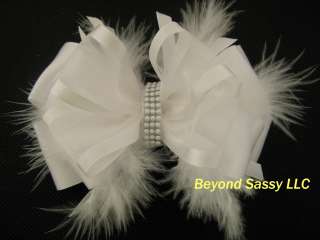   Spring Christening Wedding Feather White Hair Bow Clip Headband  