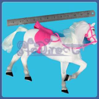 White Horse Long Mane Pink Saddle For Barbie Ken Dolls  