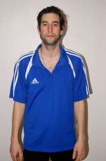   polo shirt by adidas blue with white trim three collar buttons