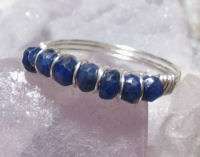 Blue Sapphire Bead Band Silver Wire Wrap Ring size 7.5  