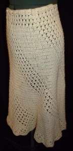   60s 70s Crochet Knit Ivory M L 30W Off White Hippie Skirt  