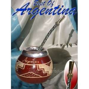 ARGENTINA Mate   Natural Gourd   Carved   w/Brass and nickel straw 