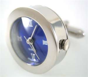 New Functional Silver Round Blue Clock Watch Cufflinks  