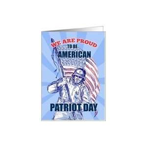 Veterans Day card featuring American soldier serviceman carrying flag 