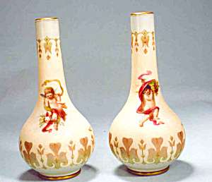 Rare Pair Opaline Glass Vases Hand Enameled Cupids Ahne  