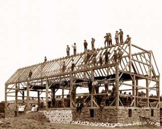 EARLY OLD VINTAGE BARN BUILDING RAISING PHOTO 2 AMISH  