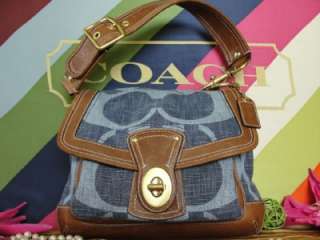 COACH~$378~DENIM SIGNATURE~BLUE WHISKEY ALI LEGACY BROWN LEATHER~GOLD 