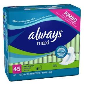 Always Maxi Pads Super with Wings, Unscented, 45 count Packages (Pack 