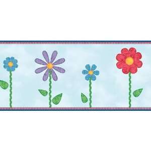  Red and Purple on Blue Ric Rac Daisy Wallpaper Border 