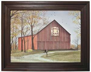 Framed Print Red Barn Amish Star patterned quilt block  
