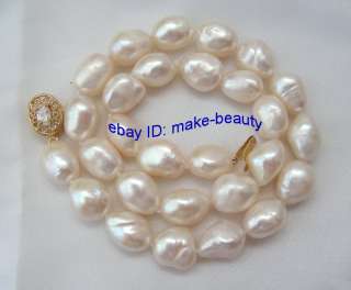   big 15mm baroque white freshwater cultured pearls necklace 9K  