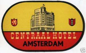 Centraal Hotel   AMSTERDAM   Vintage Luggage Label  