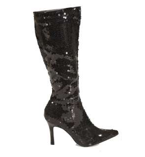 Black Sequin Knee High Pointy Toe Sparkly Boots Burlesque Gothic Retro 