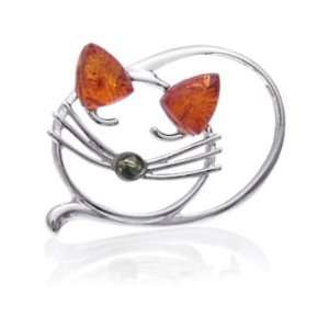  Sterling Silver Amber Sleeping Cat Pin: Jewelry