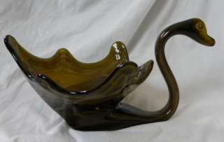 Large Art Glass Swan Bird Bowl Dish Decor Brown Green  