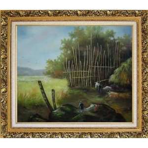  Backyard of a Farm Oil Painting, with Ornate Antique Dark Gold Wood 