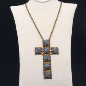   Cross Pendant Necklace Vintage Articulated Large Art Glass Cabs  