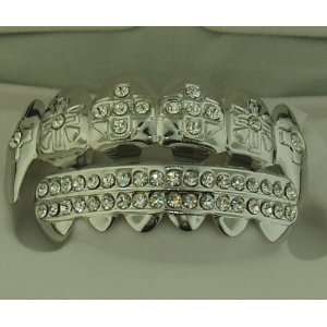  Grillz Fang Cross CZ Silver tone top and bottom mouth grillz 