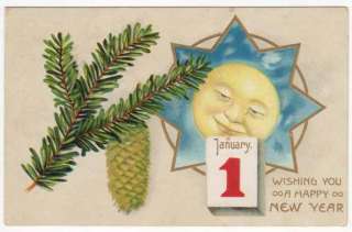 New Year Postcard of Fantasy Moon with Pine Tree Branch  