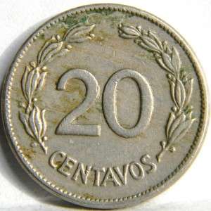 ECUADOR: 1946 copper nickel 20 Centavos, 1 year type; AU  