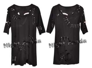 SC063 Black Destroyed Tear Brooch Punk T Shirt Top  