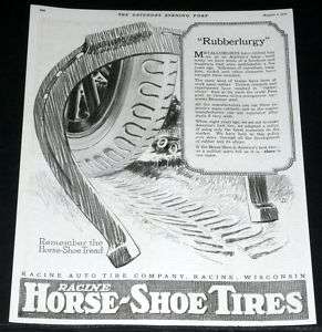 1919 OLD MAGAZINE PRINT AD, RACINE HORSE SHOE AUTO TIRES, ART!  