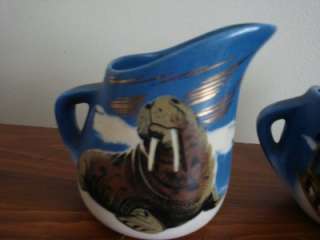 Vintage MATTHEW ADAMS Alaskan Art Pottery CREAM & SUGAR Walrus Igloo 
