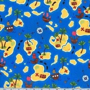  45 Wide Treasure Map Blue Fabric By The Yard: Arts 