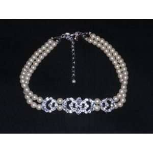  Cream Faux Pearl & Crystal Double Strand Choker 