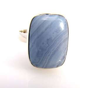  Blue Lace Agate Sterling Silver Oblong Ring Jewelry