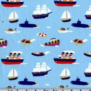  45 Wide Flannel Boats Blue Fabric By The Yard: Arts 