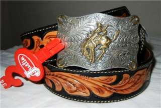   by BRIGHTON Hand Tooled Leather & Bucking Horse Buckle Belt 34  