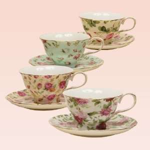    Rose Chintz Porcelain Tea Cup & Saucer Sets (4): Kitchen & Dining