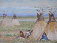 Antique 1900 Watercolor Painting American Indians in Landscape Listed 
